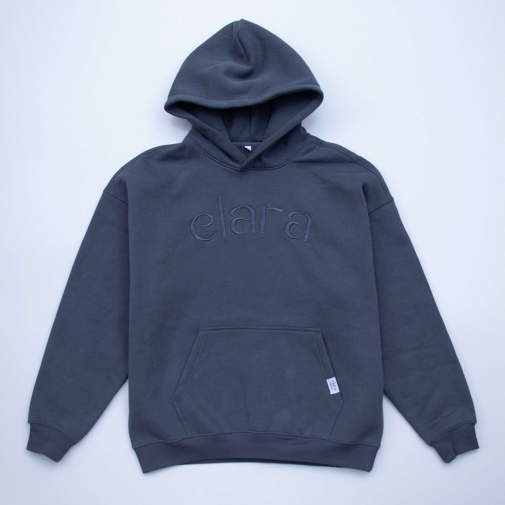 Blue hoodie with Elara embroidered graphic
