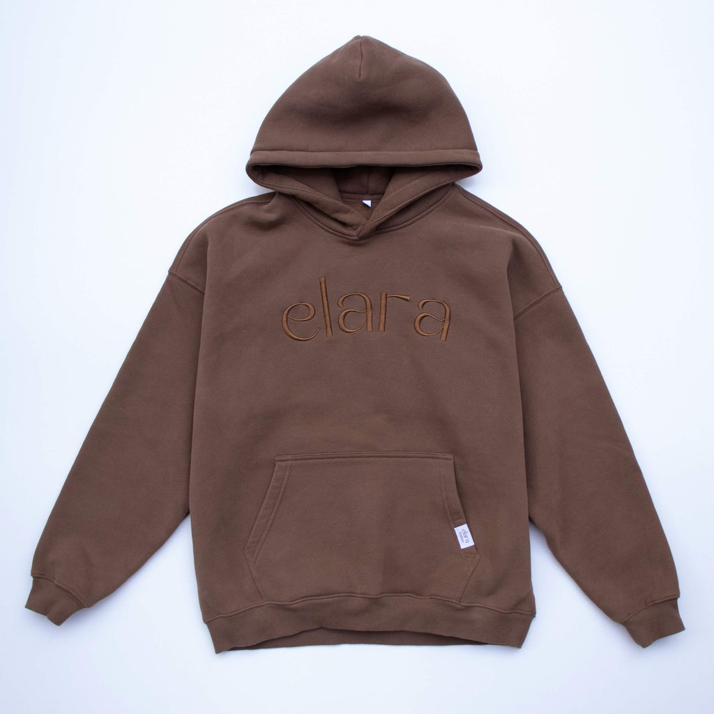 Brown hoodie with Elara embroidered graphic