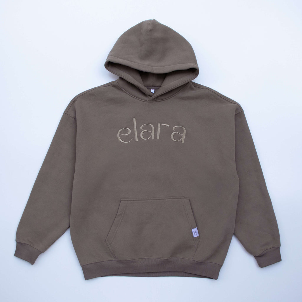 Taupe hoodie with Elara embroidered graphic